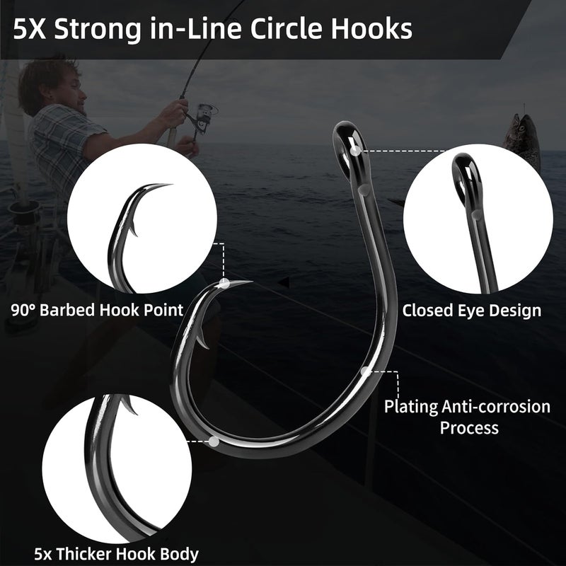 FishTrip Circle Hooks Saltwater,in-Line Fishing Hooks 5X Strong for Catfish 25pcs,Black/High Carbon Steel/Non-Offset/Closed Eye/Wide Gap for Striped Bass Salmon - Image 2